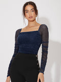 Mesh Panel Ruched Glitter Top