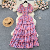 Floral Ruched Waist Layered Dress - Purple