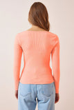 Rib-Knit Square Neck Top - Long Sleeves - Coral Orange