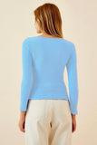 Rib-Knit Square Neck Top - Long Sleeves - Baby Blue