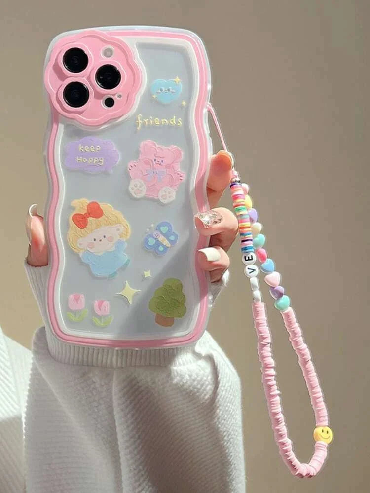 SHEIN Cartoon Graphic Clear Phone Case With Beaded Lanyard