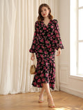 SHEIN Floral Print Lantern Sleeve Ruched Mermaid Hem Dress