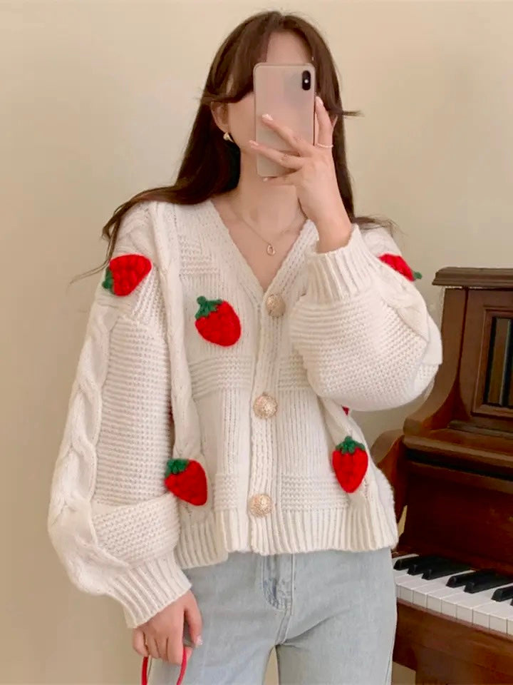 Strawberry Waffle Knit Cardigan - Cream White
