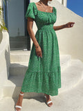 SHEIN Ditsy Floral Print Puff Sleeve Ruched Bust Ruffle Hem Dress