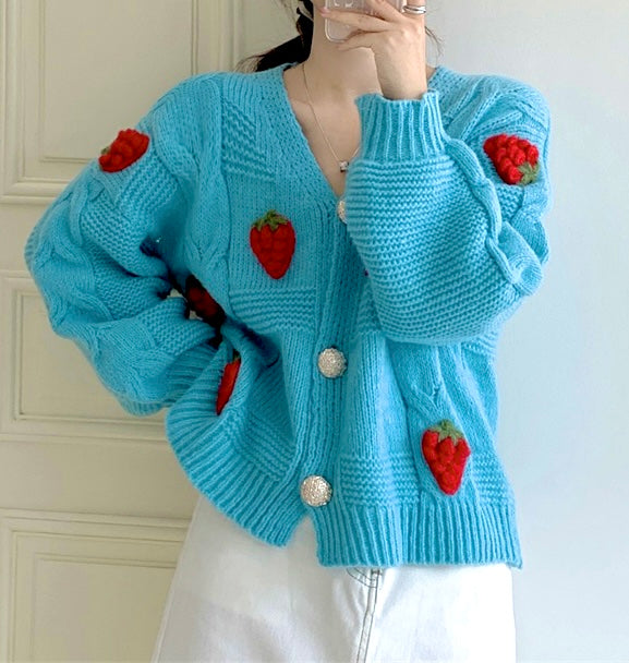 Strawberry Waffle Knit Cardigan - Blue