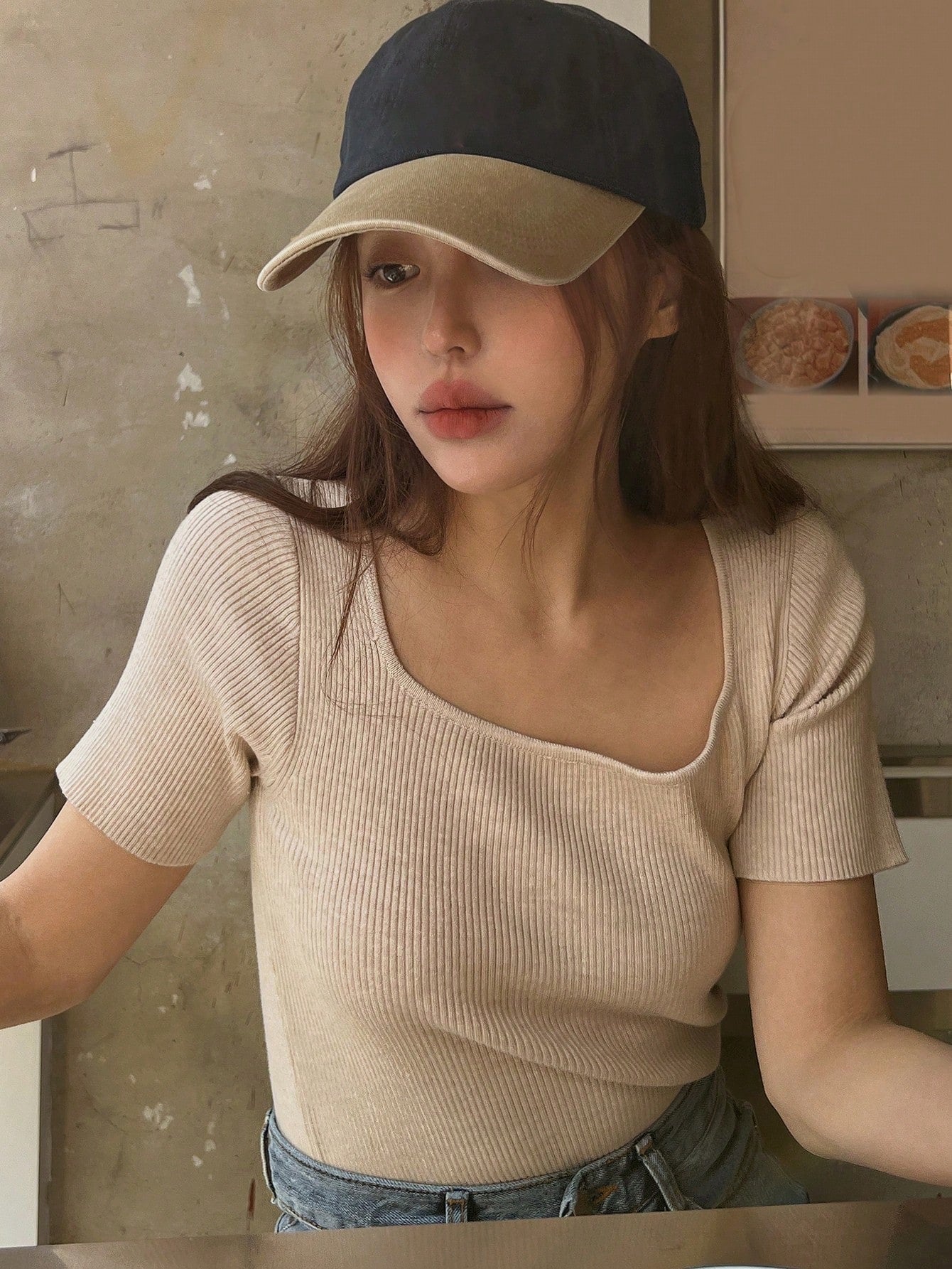Rib-Knit Square Neck Top - Short Sleeves - Beige