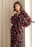 SHEIN Floral Print Lantern Sleeve Ruched Mermaid Hem Dress