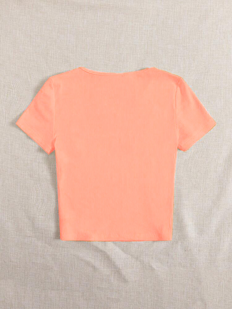 Square Neck Top - Short Sleeves - Coral Orange