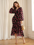 SHEIN Floral Print Lantern Sleeve Ruched Mermaid Hem Dress