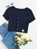 SHEIN EZwear Button Up Rib-Knit Crop Top