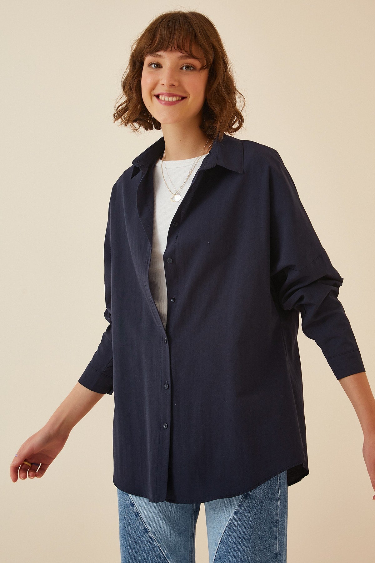 Solid Button Down Oversized Shirt - Navy Blue