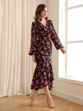 SHEIN Floral Print Lantern Sleeve Ruched Mermaid Hem Dress