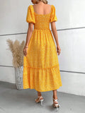 SHEIN Ditsy Floral Print Puff Sleeve Ruched Bust Ruffle Hem Dress