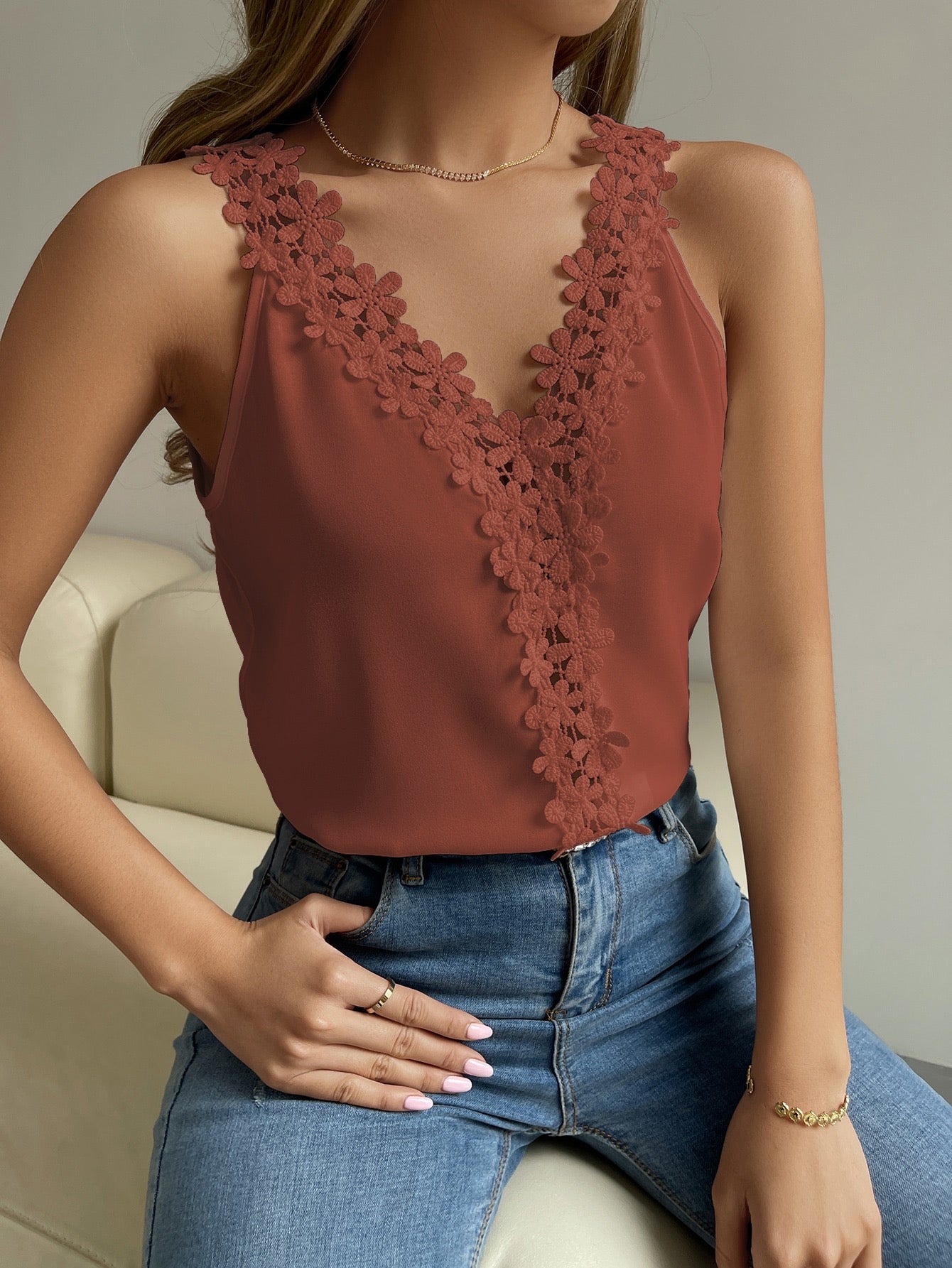 SHEIN Guipure Lace V-Neck Tank Top