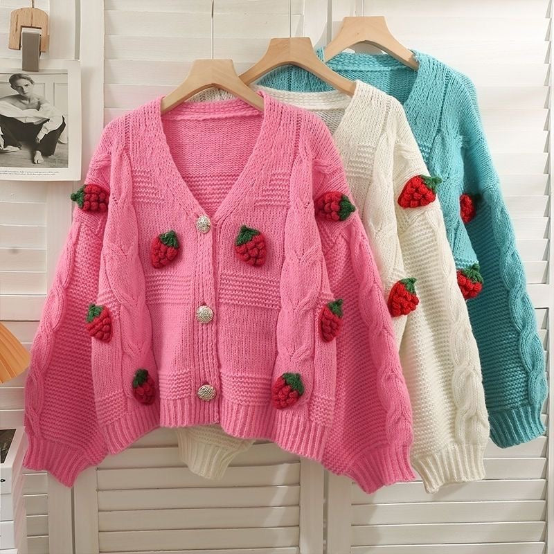 Strawberry Waffle Knit Cardigan - Pink