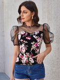 SHEIN Allover Floral Print Contrast Mesh Top