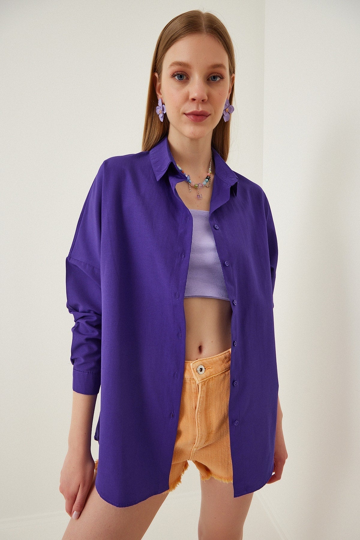 Solid Button Down Oversized Shirt - Violet Purple