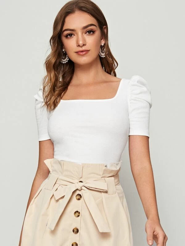 SHEIN Solid Square Neck Puff Sleeve Top