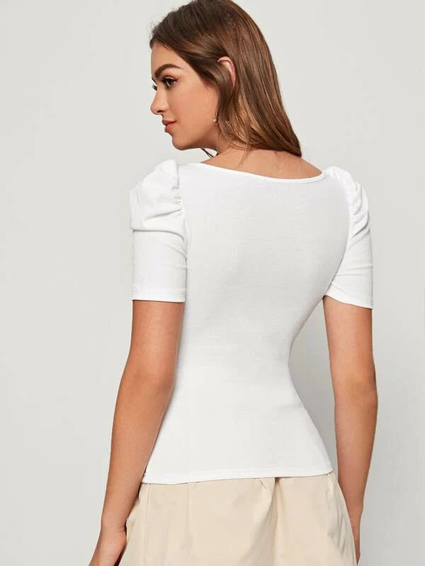SHEIN Solid Square Neck Puff Sleeve Top