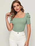 SHEIN Solid Square Neck Puff Sleeve Top