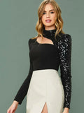 SHEIN Sequin Mock-Neck and Sleeve Cut Out Top