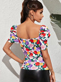SHEIN Sweetheart Neck Puff Sleeve Floral Top