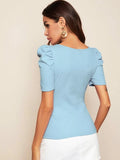 SHEIN Solid Square Neck Puff Sleeve Top