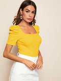 SHEIN Solid Square Neck Puff Sleeve Top