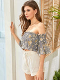 SHEIN Floral Print Shirred Crop Bardot Top