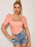 SHEIN Solid Square Neck Puff Sleeve Top