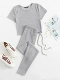 SHEIN Rib-knit Tee & Tie Waist Leggings Set