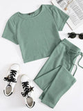 SHEIN Rib-knit Tee & Tie Waist Leggings Set