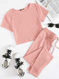 SHEIN Rib-knit Tee & Tie Waist Leggings Set