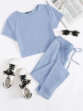 SHEIN Rib-knit Tee & Tie Waist Leggings Set