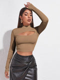 SHEIN Mock Neck Cut-out Rib-knit Slim Crop Tee
