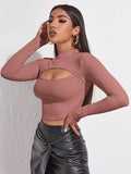 SHEIN Mock Neck Cut-out Rib-knit Slim Crop Tee