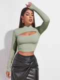 SHEIN Mock Neck Cut-out Rib-knit Slim Crop Tee