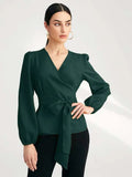 SHEIN Solid Surplice Front Belted Blouse