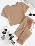 SHEIN Rib-knit Tee & Tie Waist Leggings Set