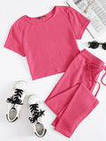 SHEIN Rib-knit Tee & Tie Waist Leggings Set