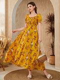 SHEIN Floral Square Neck Shirred A-Line Dress