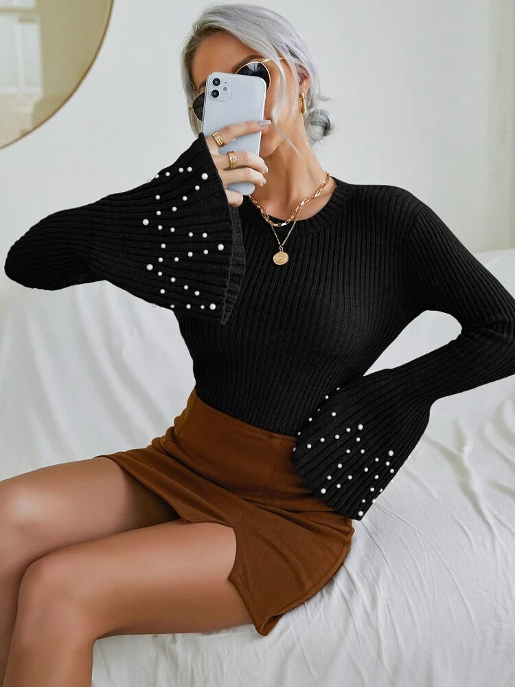 SHEIN Flounce Sleeve Ribbed Knit Pearls Detail Sweater
