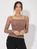 SHEIN Mesh Panel Ruched Glitter Top