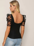 SHEIN Sweetheart Neck Dobby Mesh Sleeve Top