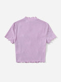 SHEIN Pearl Detail Lettuce Trim Rib-Knit Top