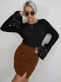 SHEIN Flounce Sleeve Ribbed Knit Pearls Detail Sweater