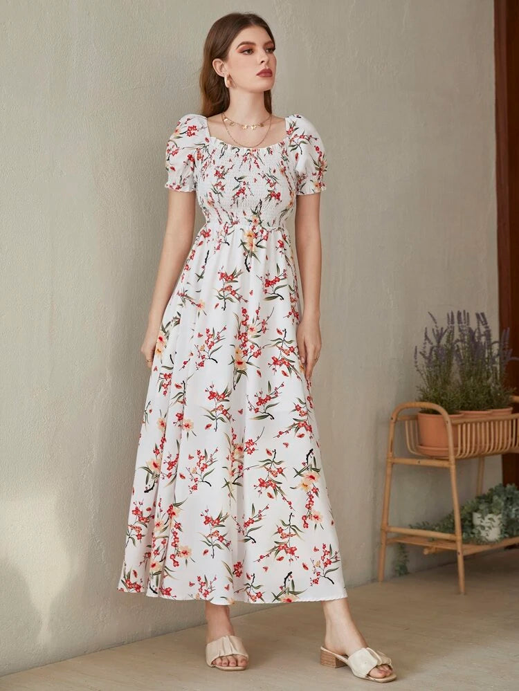 SHEIN Floral Square Neck Shirred A-Line Dress