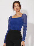 SHEIN Mesh Panel Ruched Glitter Top