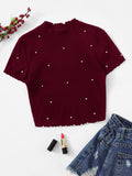 SHEIN Pearl Detail Lettuce Trim Rib-Knit Top