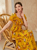 SHEIN Floral Square Neck Shirred A-Line Dress